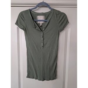 American Eagle Womens Short Sleeve Long Ribbed Henley Top Green Small y2K